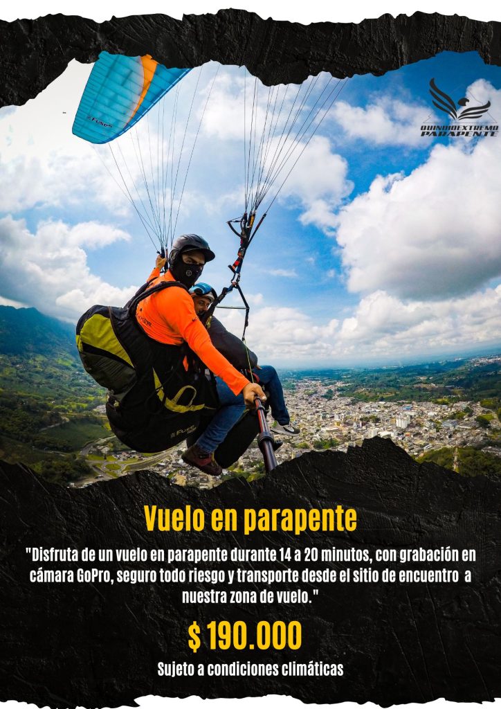 Descubre la magia del Quindío desde las alturas Siente la libertad de volar en parapente sobre el corazón del Eje Cafetero. Disfruta de vistas panorámicas de cultivos de café, montañas y valles verdes que te quitarán el aliento. Una experiencia inolvidable en contacto con la naturaleza.